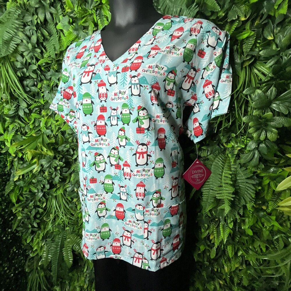 Divine Scrubs Women 2XL Blue Tops Holiday Christmas Nurse Caregiver NWT‎ 0955
